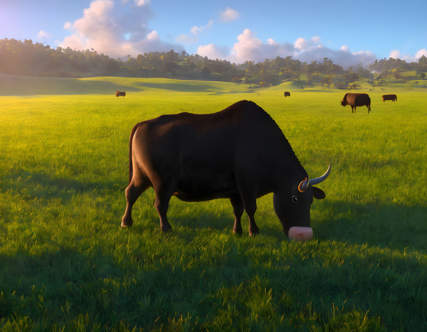 Prominent black bull in lush green field with grazing cows