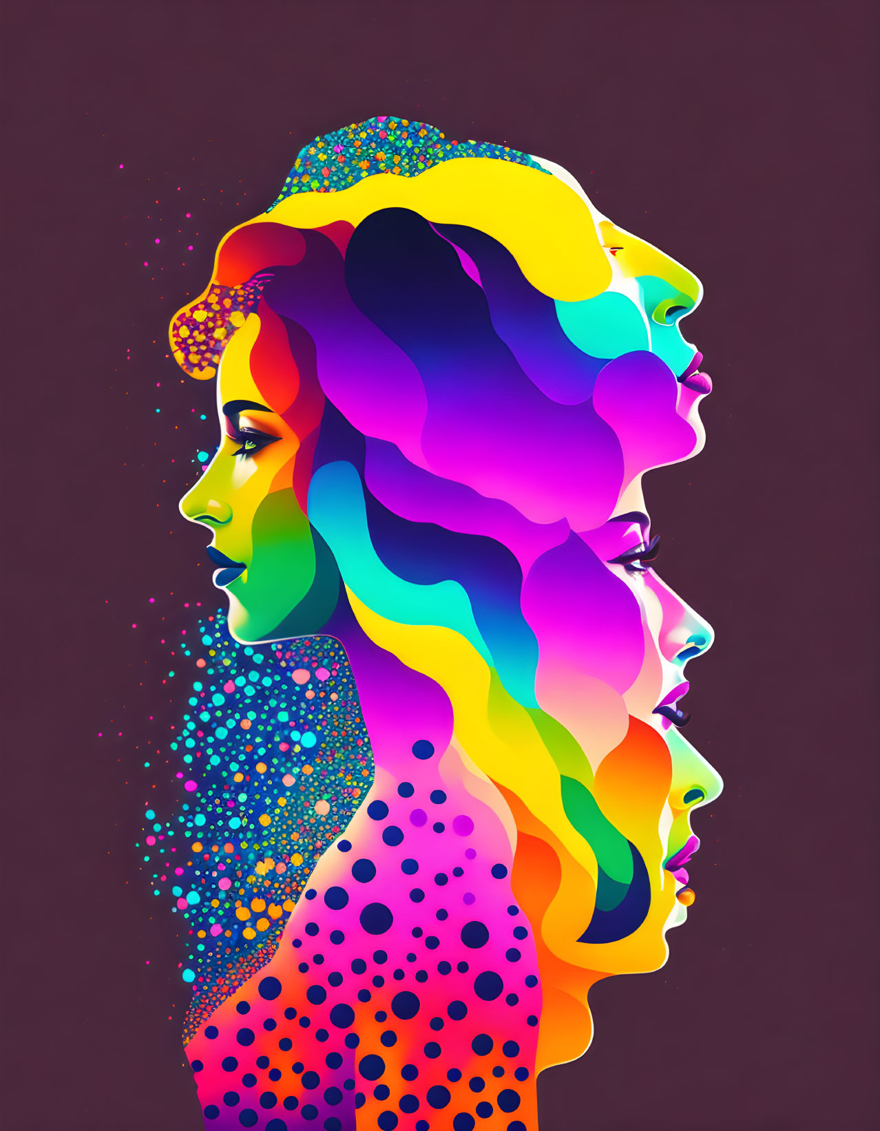 Colorful Profile Illustration of Three Women on Purple Background