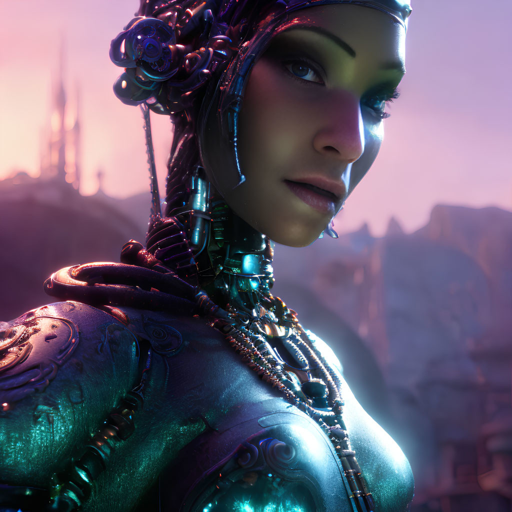 Detailed Female Cyborg with Glowing Blue Mechanical Parts in Futuristic Setting