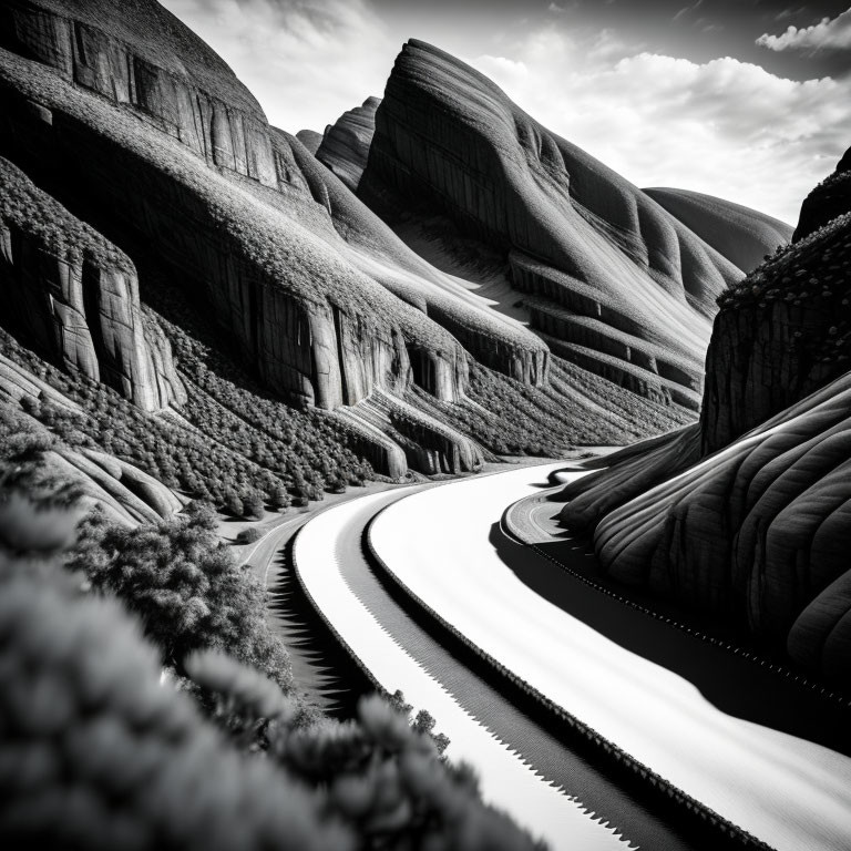 Monochrome image of winding road through layered rock formations