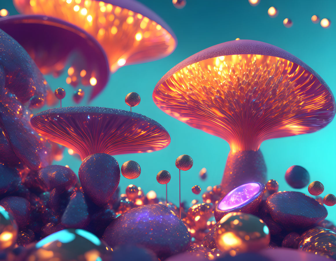 Fantastical luminescent mushrooms and glowing orbs in a teal backdrop