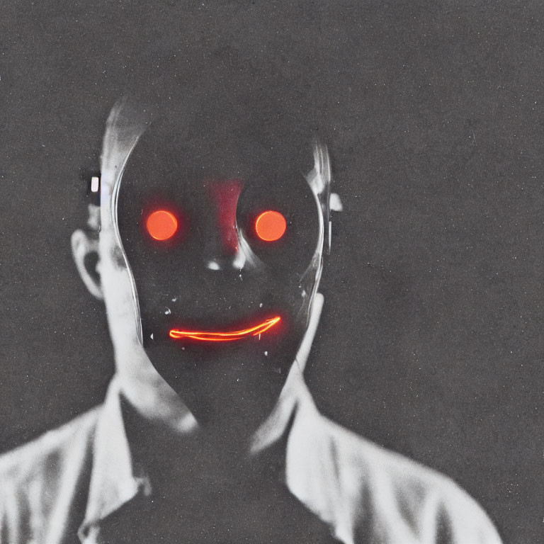 Masked Person with Glowing Red Eyes and Sinister Smile Line