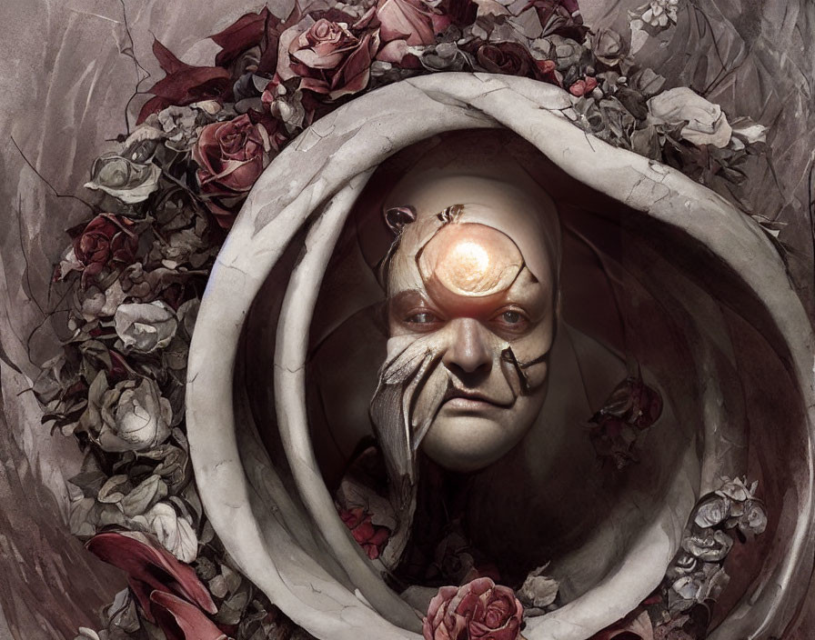 Surreal Artwork: Face with Third Eye in Ring of Roses