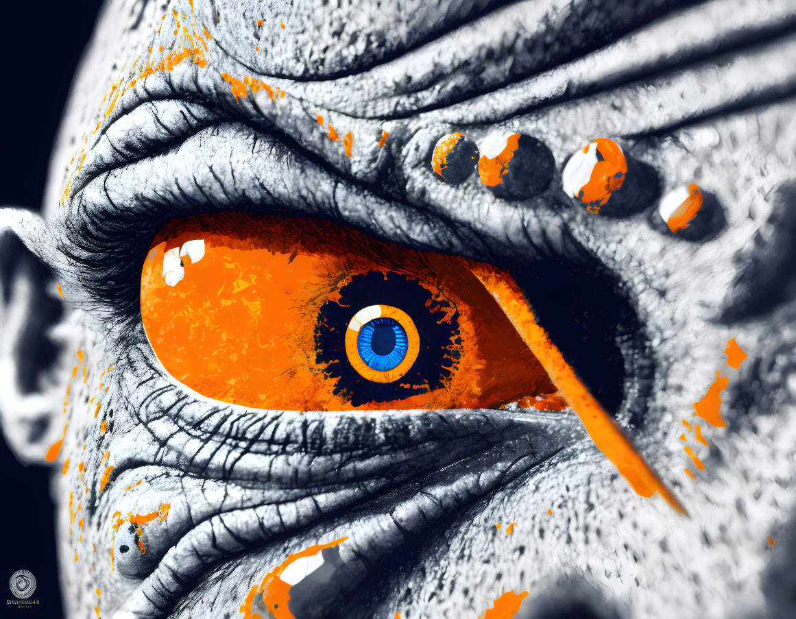 Close-up of person with orange and blue eye makeup, textured skin, and paint splashes