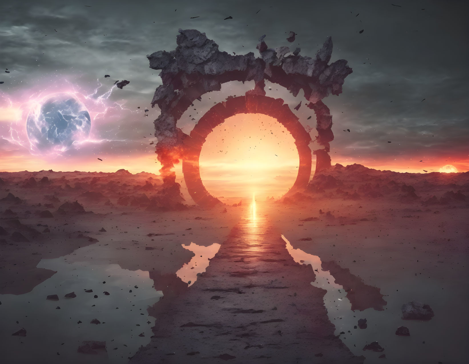 Dystopian sunset landscape with damaged ring structure and bright horizon