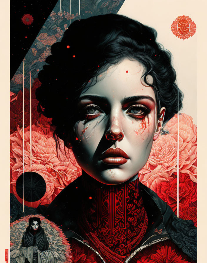 Dark-haired woman with red eyes, tears of blood, red flowers, geometric shapes, and small seated