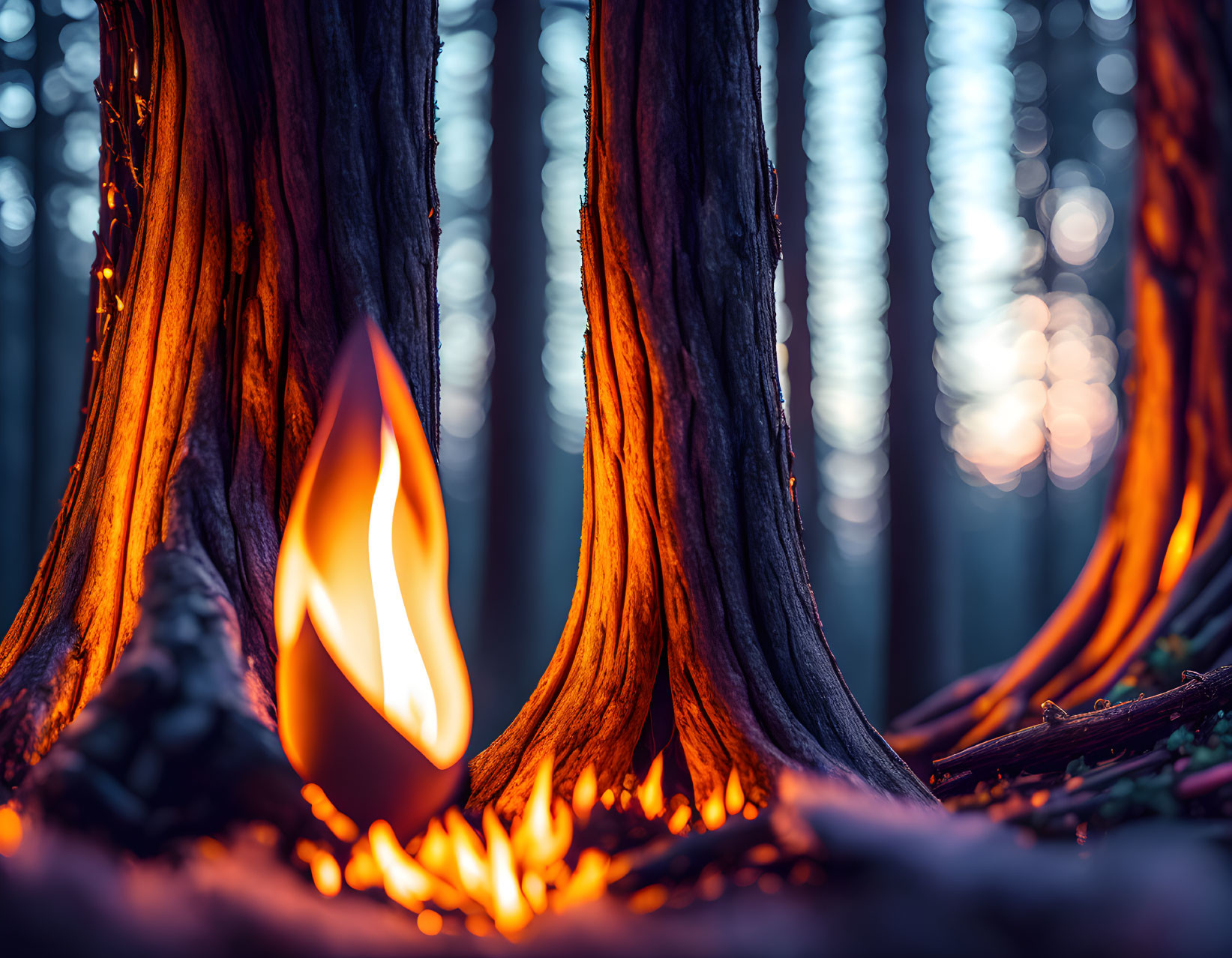 Twilight forest scene with small campfire between tree trunks