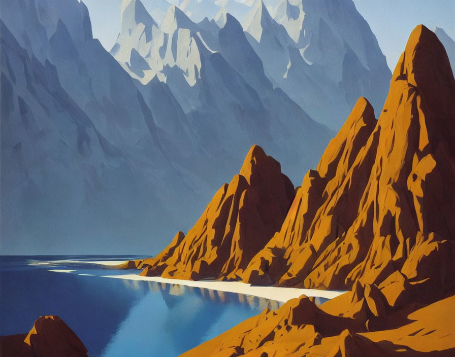 Stylized landscape: angular red-brown mountains, blue lake, snow-capped peaks