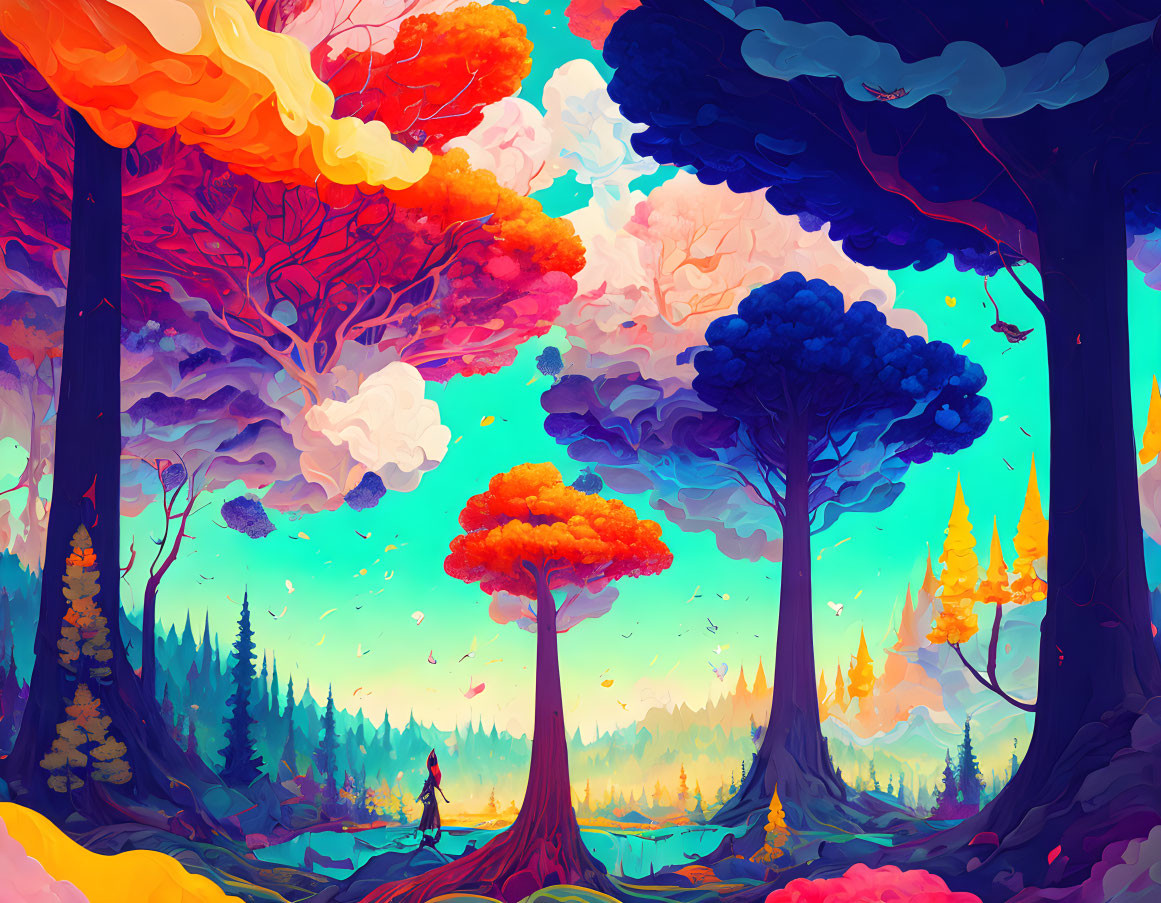 Colorful Stylized Forest Scene with Tiny Figure in Pastel Sky