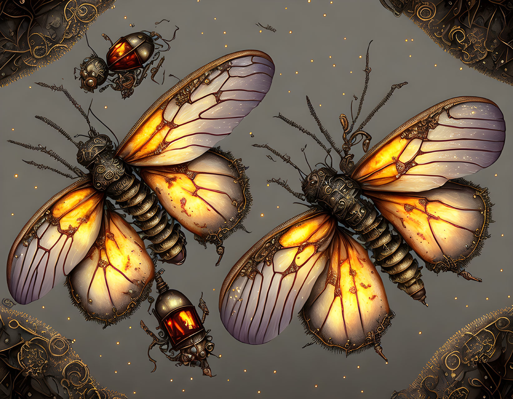 Steampunk-style mechanical butterflies on dark, ornate background