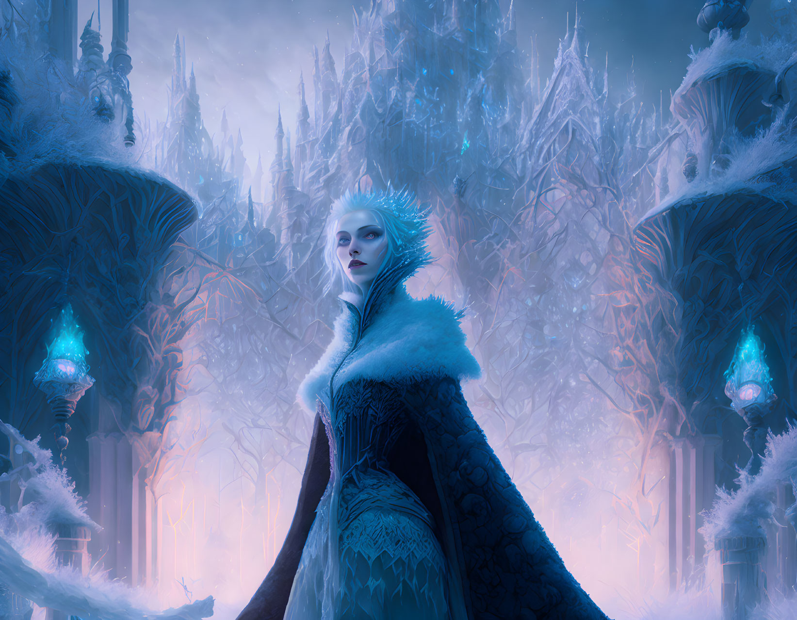 White-haired woman in frosty fantasy landscape with glowing lanterns