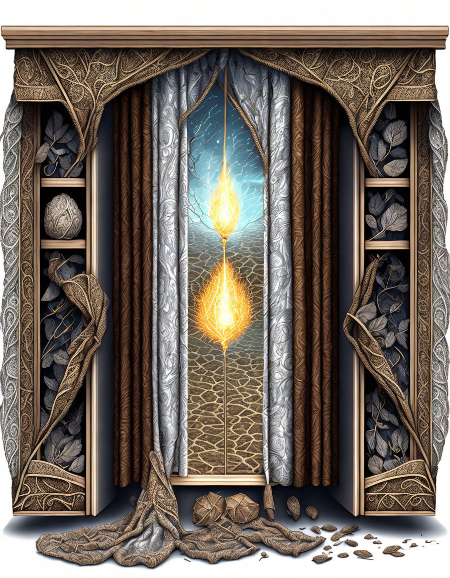 Ornate window with mystical flame in stormy backdrop