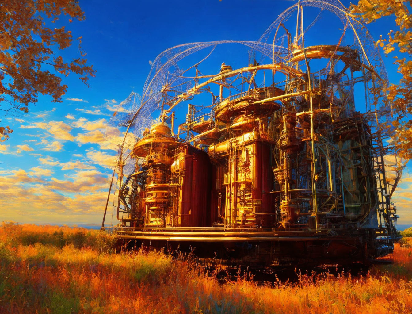 Steampunk structure with copper tanks against vivid autumn sky