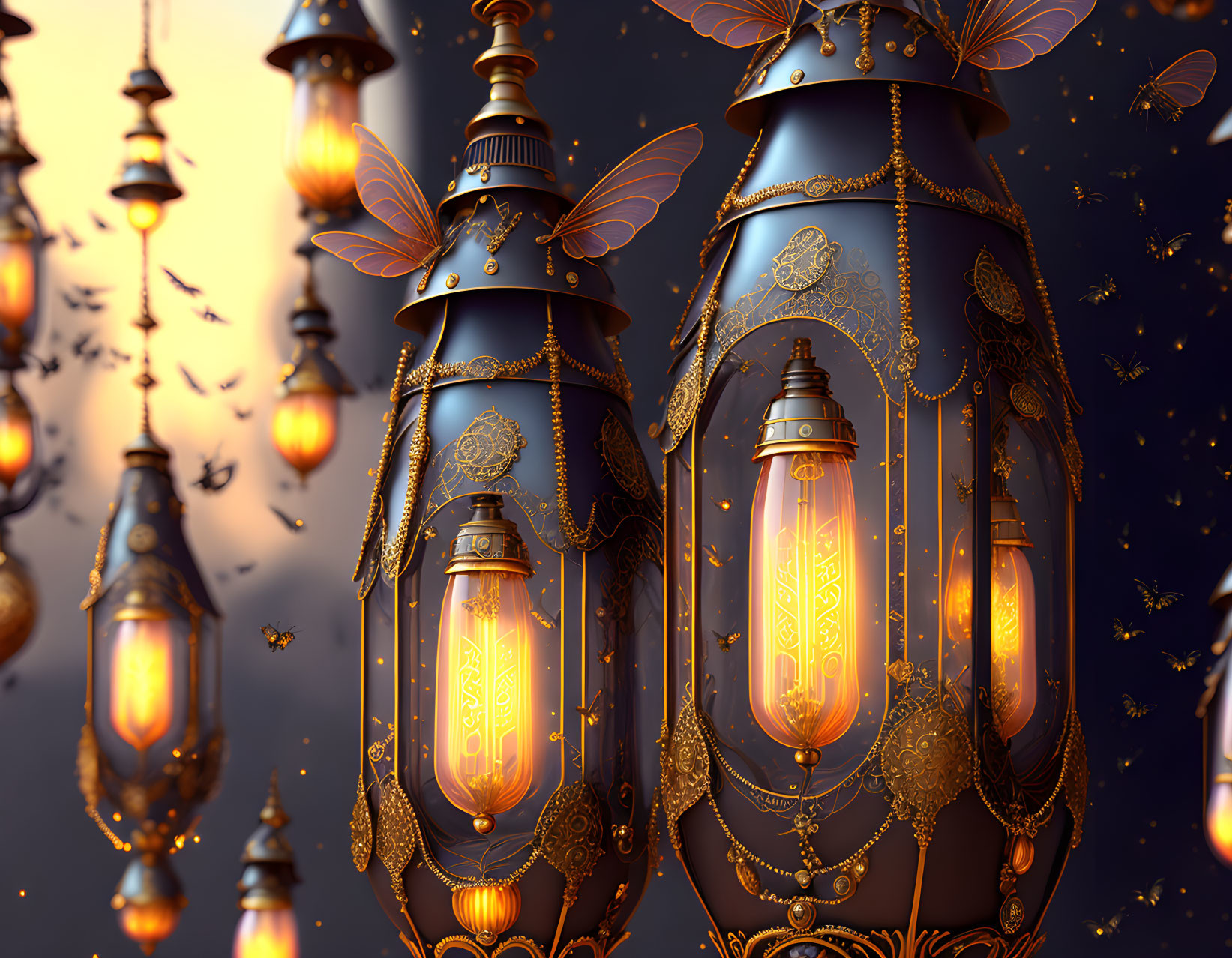 Intricate glowing lanterns and particles in twilight sky