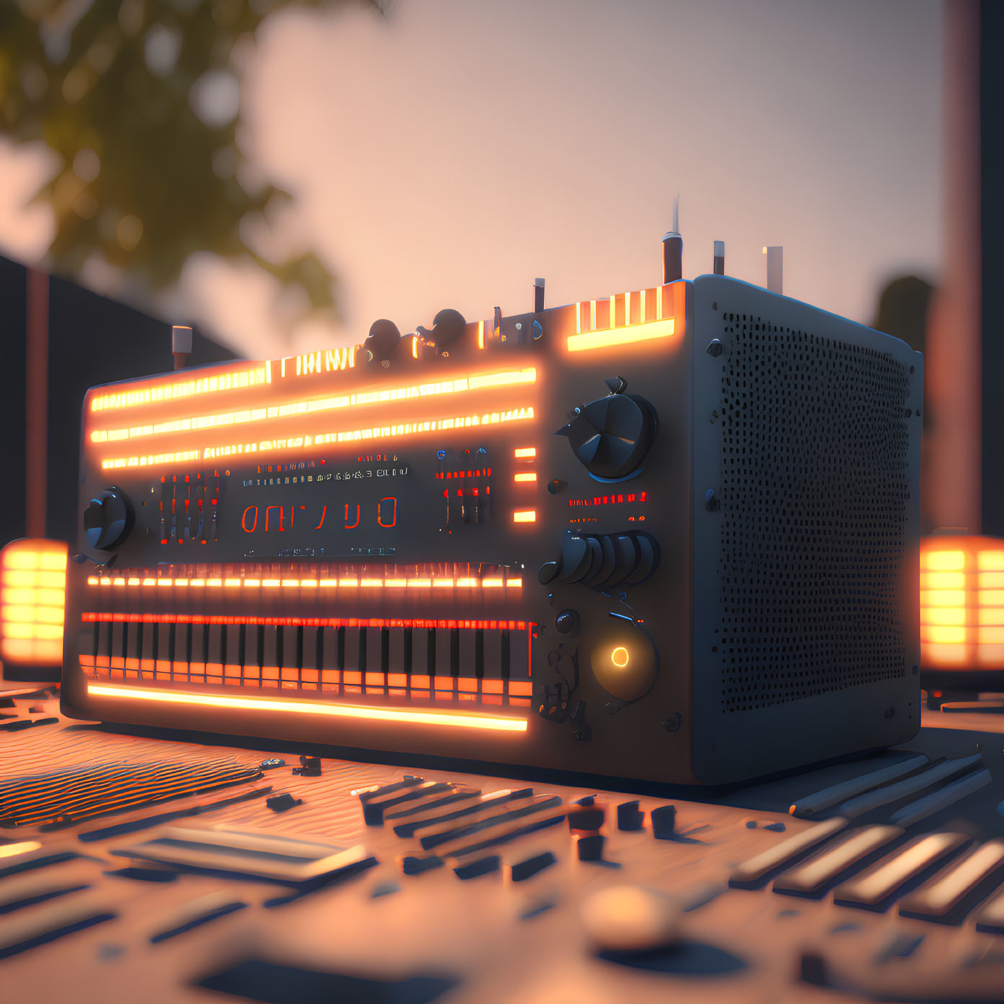 Vintage Radio with Glowing Orange Frequency Bars at Twilight