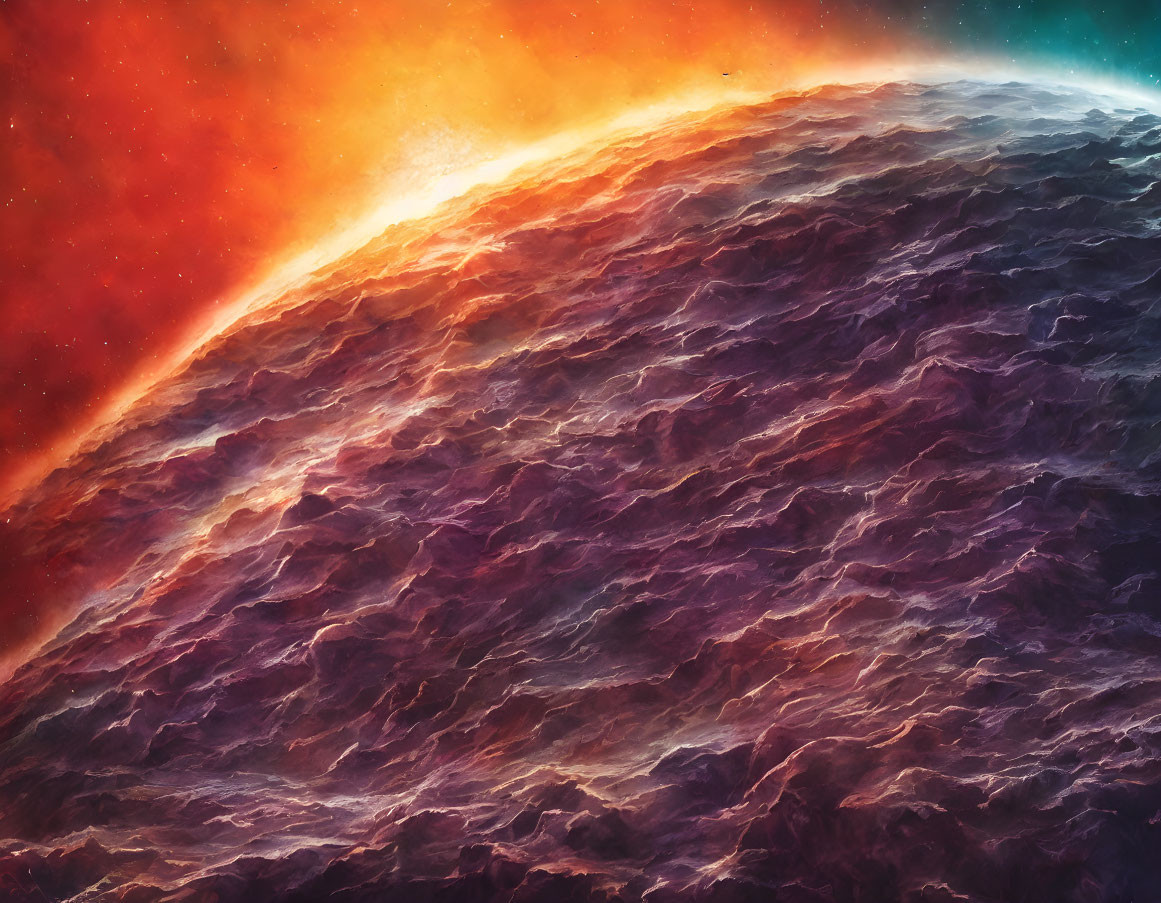 Vibrant orange and red cosmic scene with deep purple textures