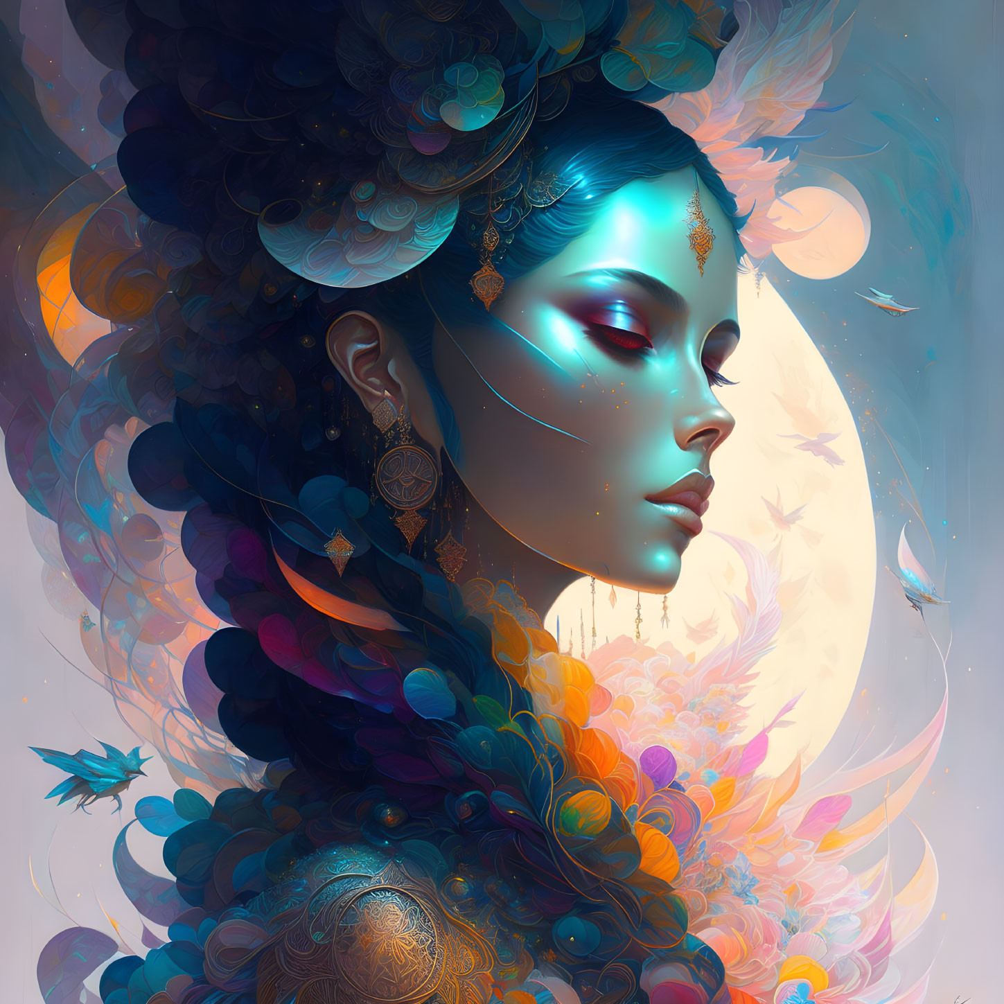 Digital artwork: Woman with blue skin and celestial motifs, surrounded by ethereal fish and glowing elements