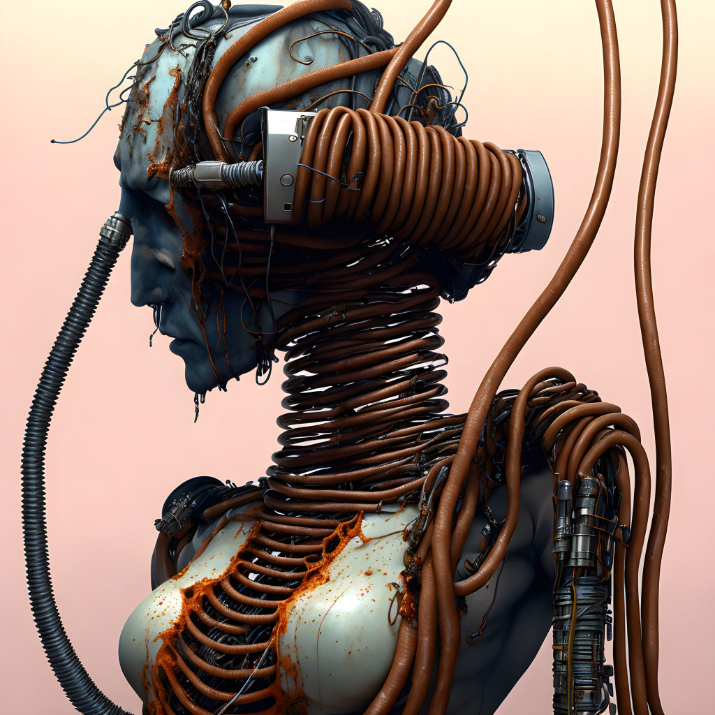 Detailed robotic figure with humanoid head and rusted torso.