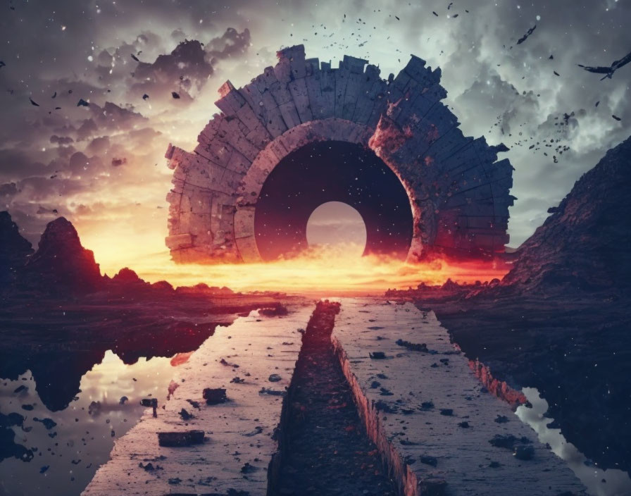 Stone archway reflected in water under fiery sunset with stars, birds in surreal landscape