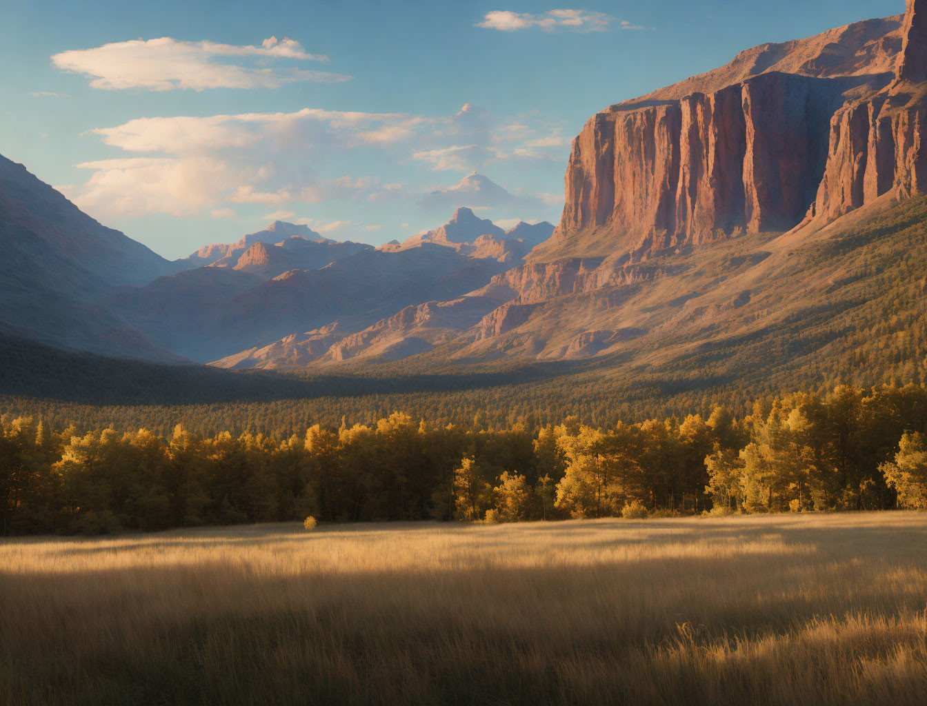 Tranquil meadow with cliffs and mountain range under sunset light