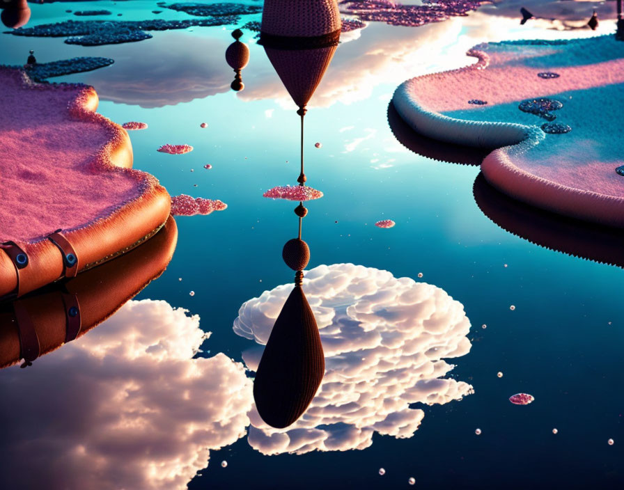 Surreal Landscape: Floating Islands, Interconnected Pipes, Pink and Blue Sky