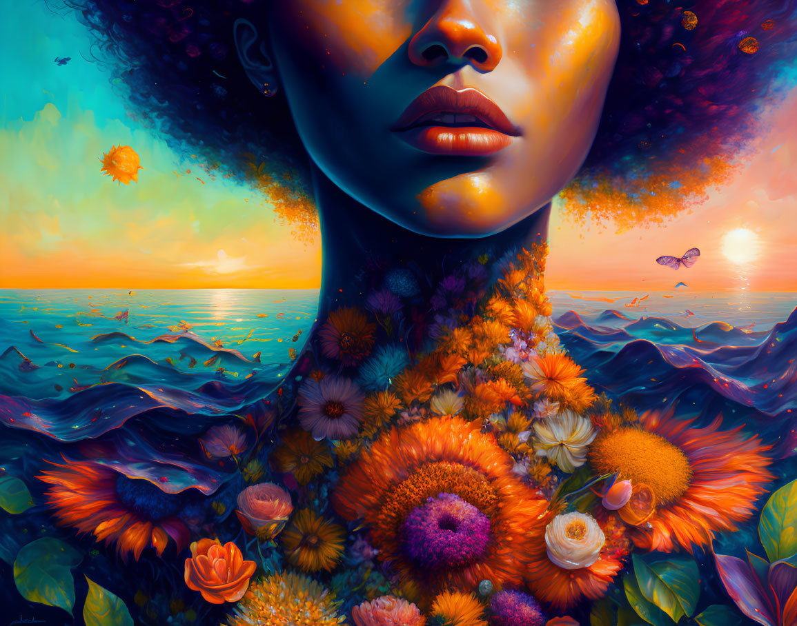 Colorful portrait blending woman with floral motif and sunset seascape.