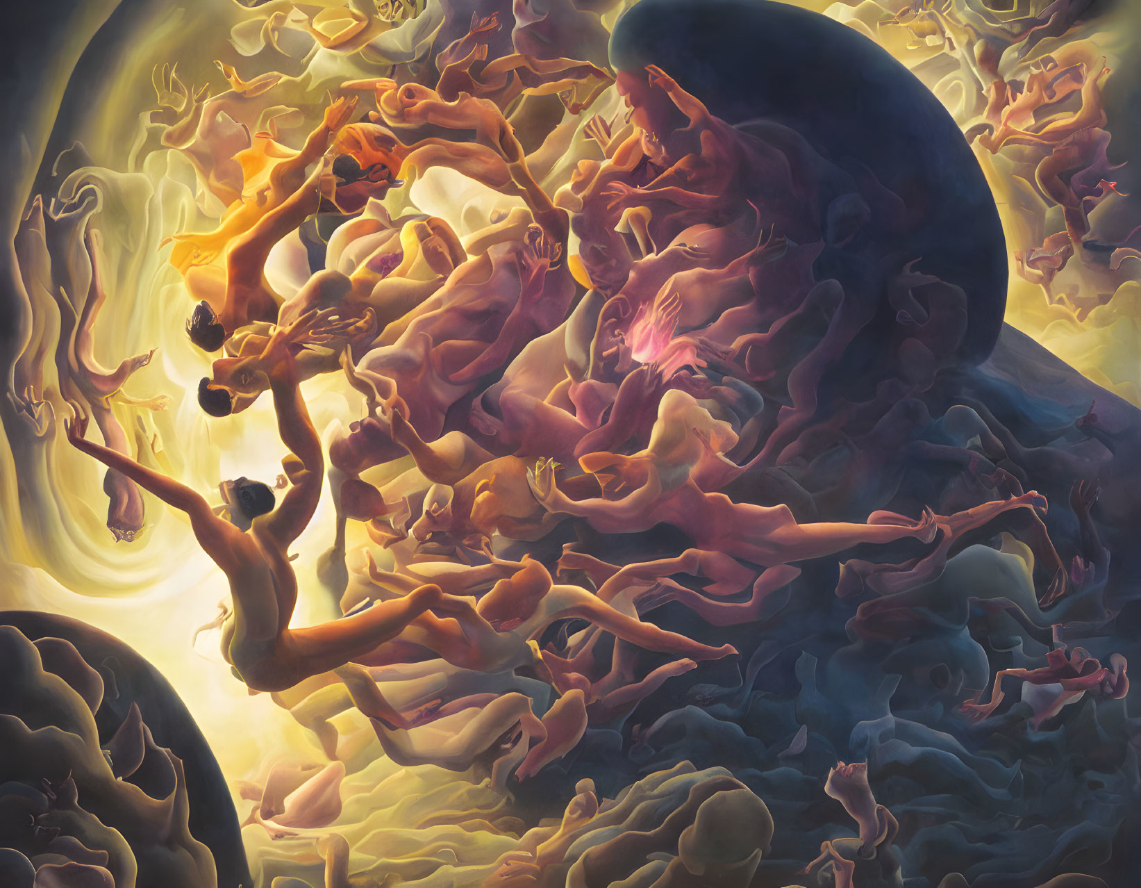 Vibrant surreal painting: dynamic human figures in colorful, dreamlike space