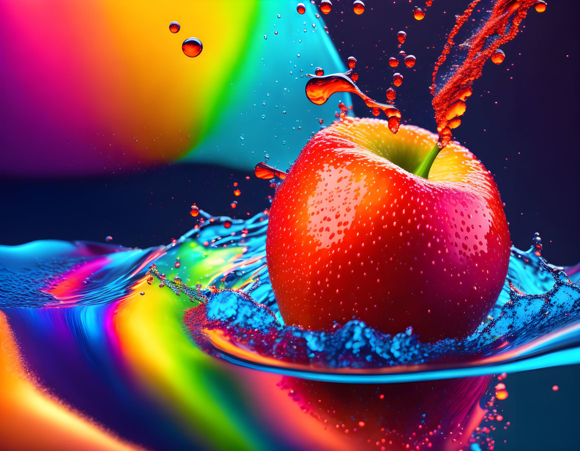 Colorful Apple with Water Droplets on Reflective Surface