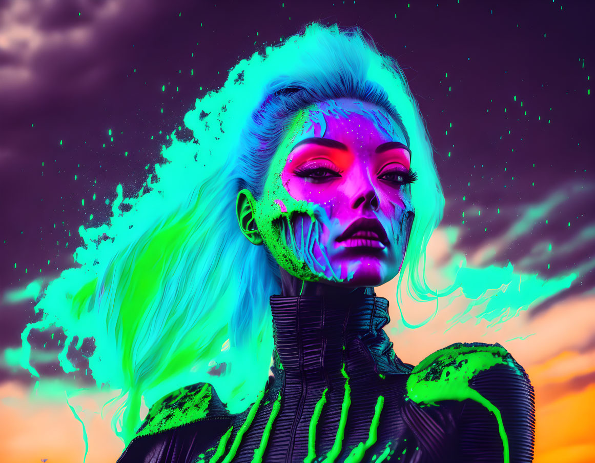 Colorful digital artwork: Woman with neon green splatter effects on purple-orange sky