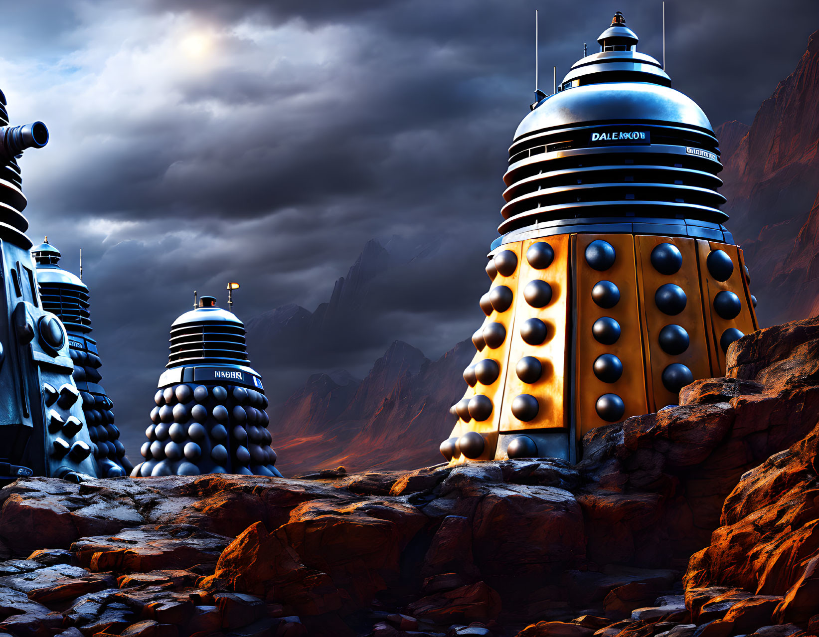 Sci-fi Daleks on rocky alien terrain under dramatic sky