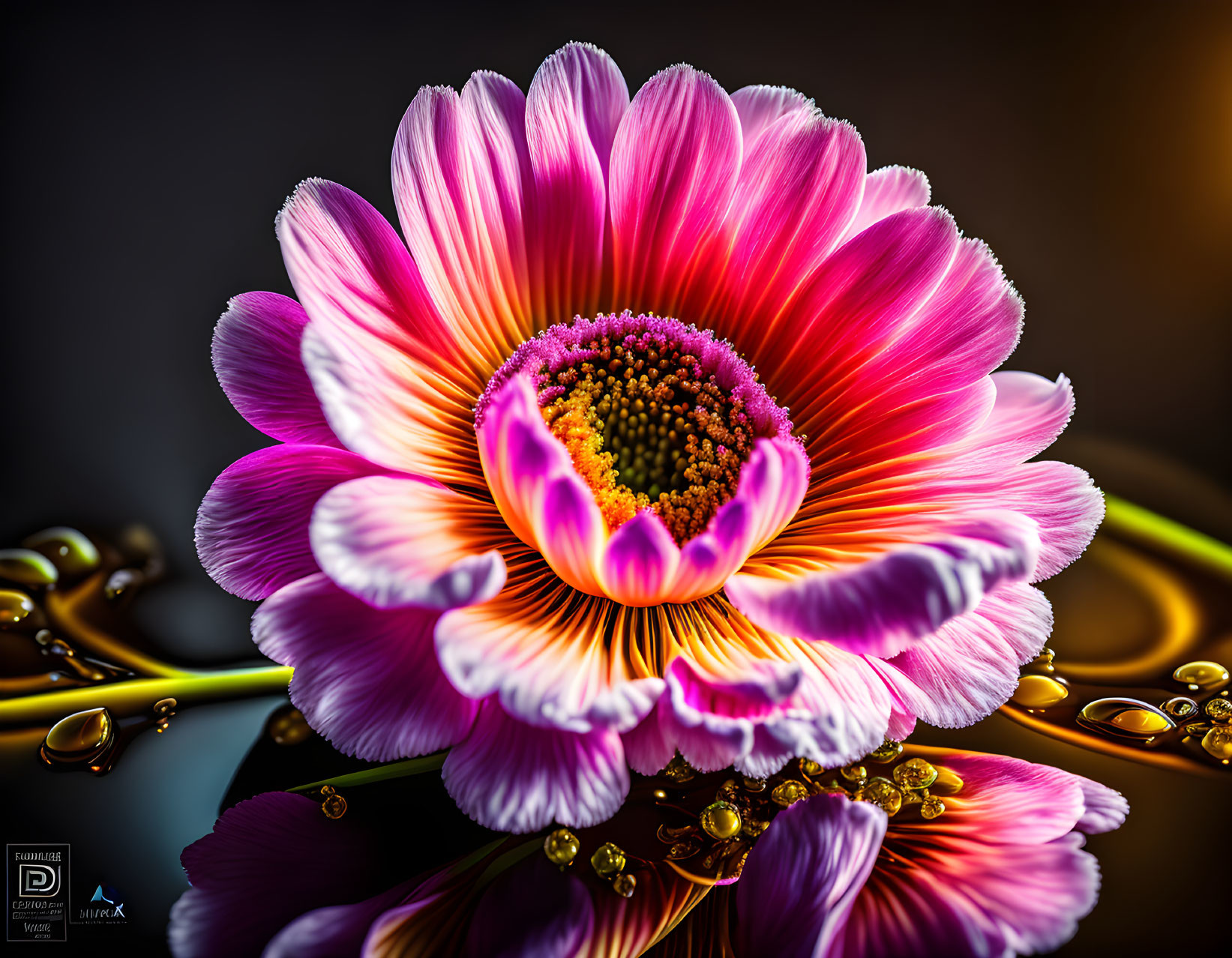 Detailed Pink Flower with Yellow Center and Water Droplets