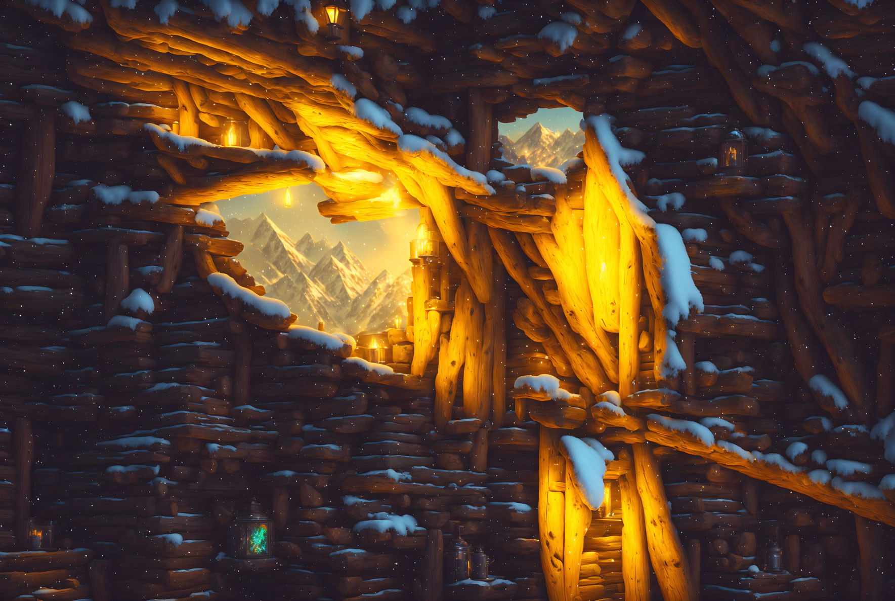 Snowy Landscape: Warmly Lit Wooden Cabin in Night Snowscape