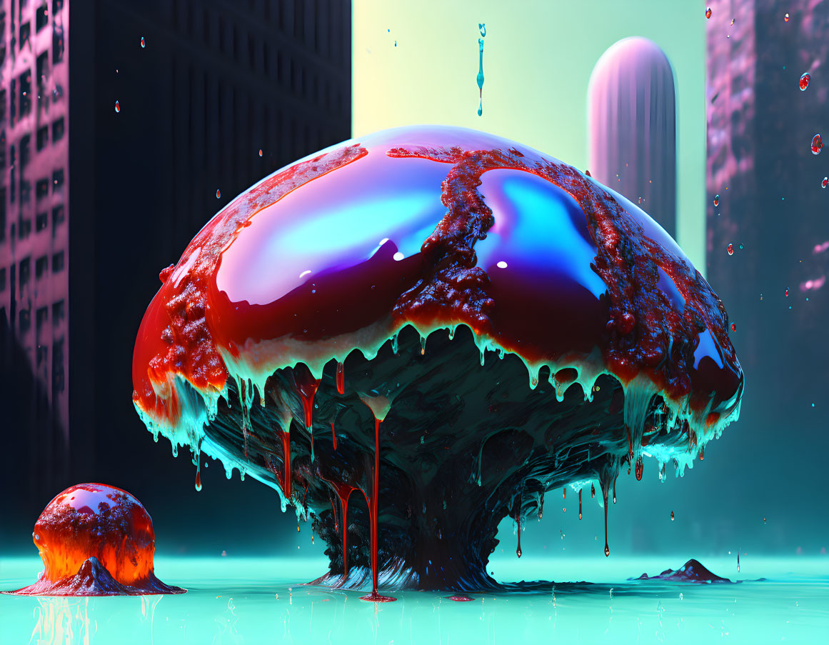 Surreal cityscape with oversized glossy mushrooms and neon colors