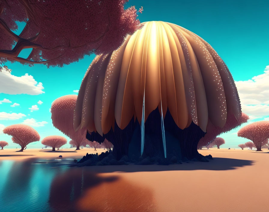 Surreal landscape with oversized mushroom-like structures and pink foliage trees