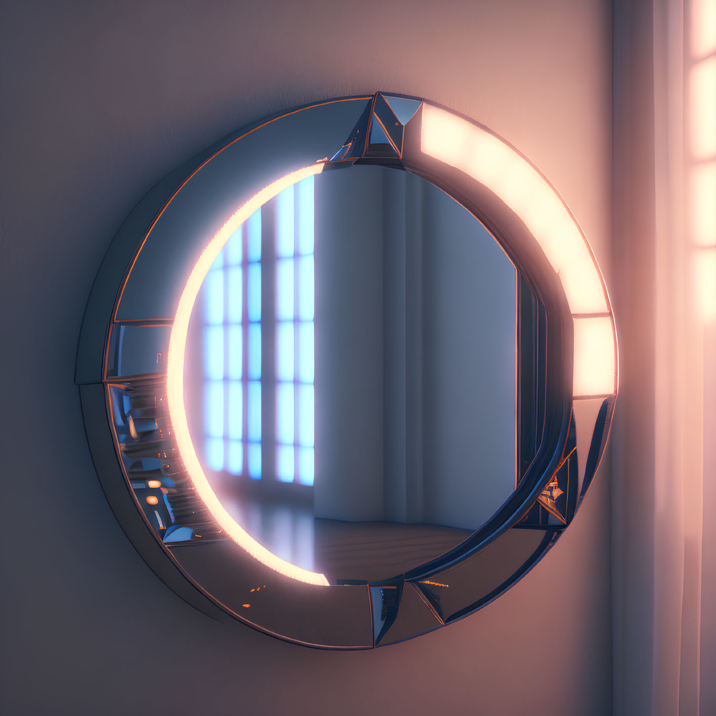 Circular mirror with neon light strip reflecting window and wall in modern room