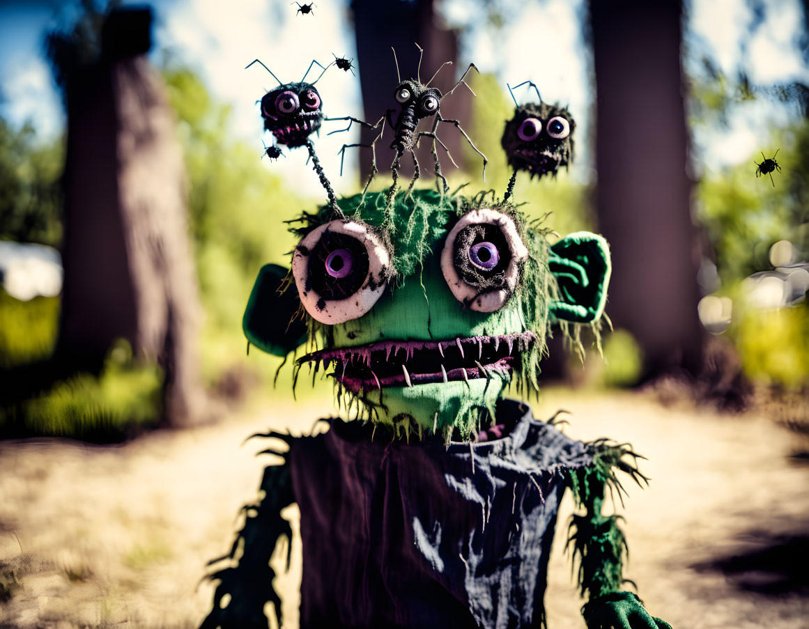 Oversized green head puppet with tiny creatures in outdoor scene