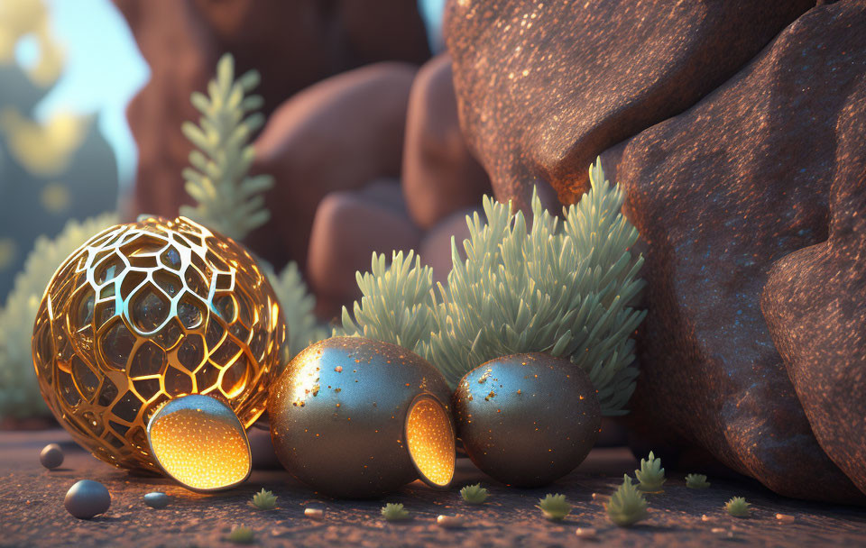 Three ornate eggs: one golden with intricate patterns, amidst rocks and greenery, bathed in