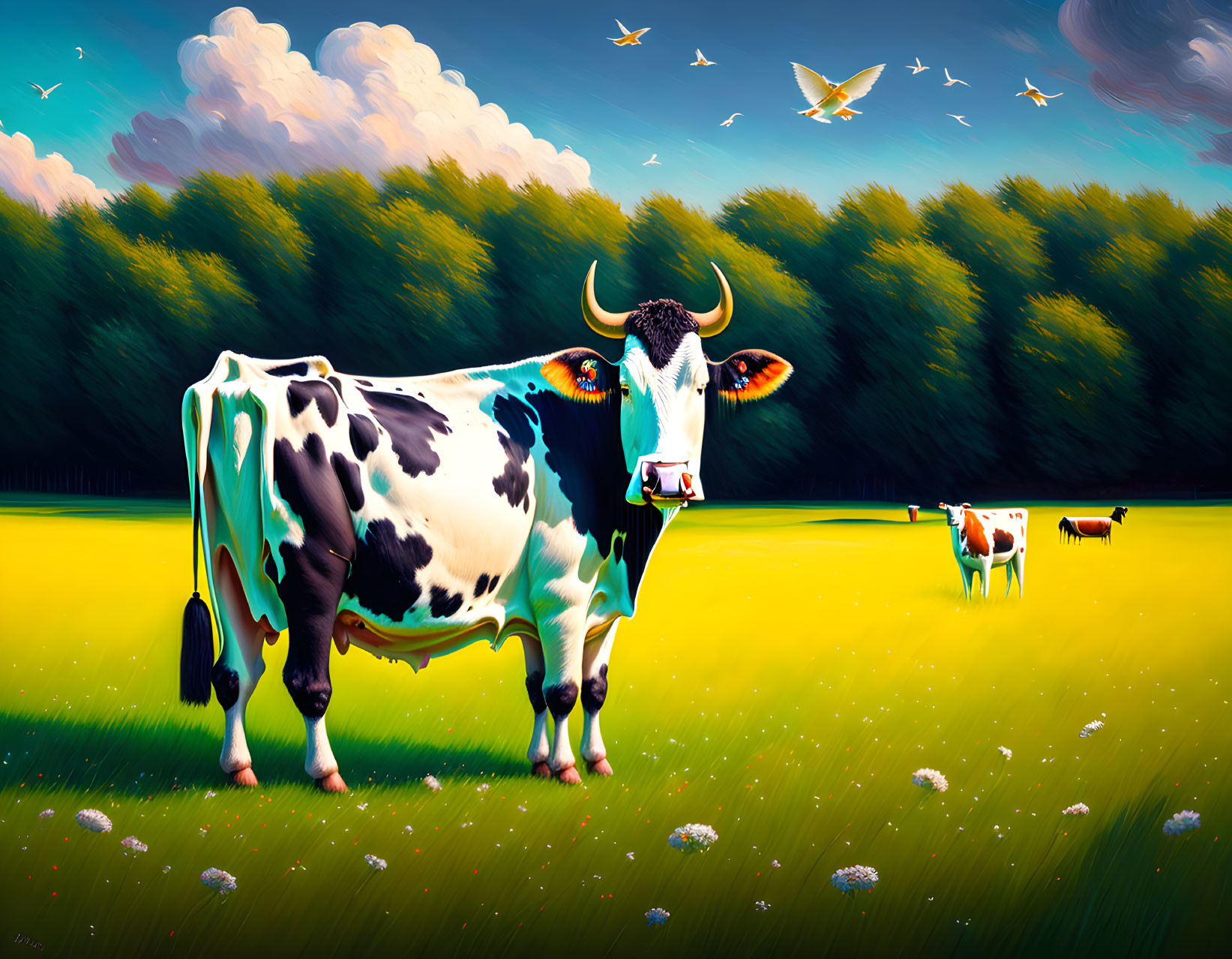 Colorful cow illustration in green field with blue sky