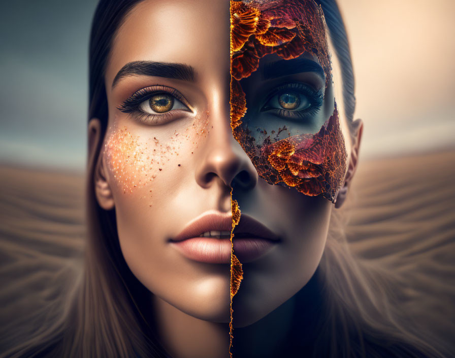 Split image: Woman's face flawless vs. burnt/dead side in desert