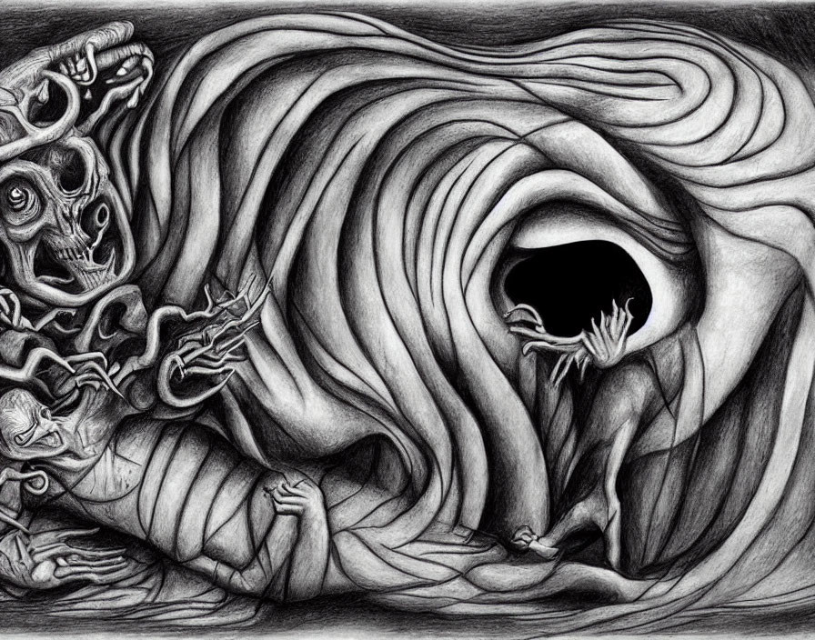 Monochromatic surreal drawing: Fluid wave forms, skull, skeletal figures, hand.