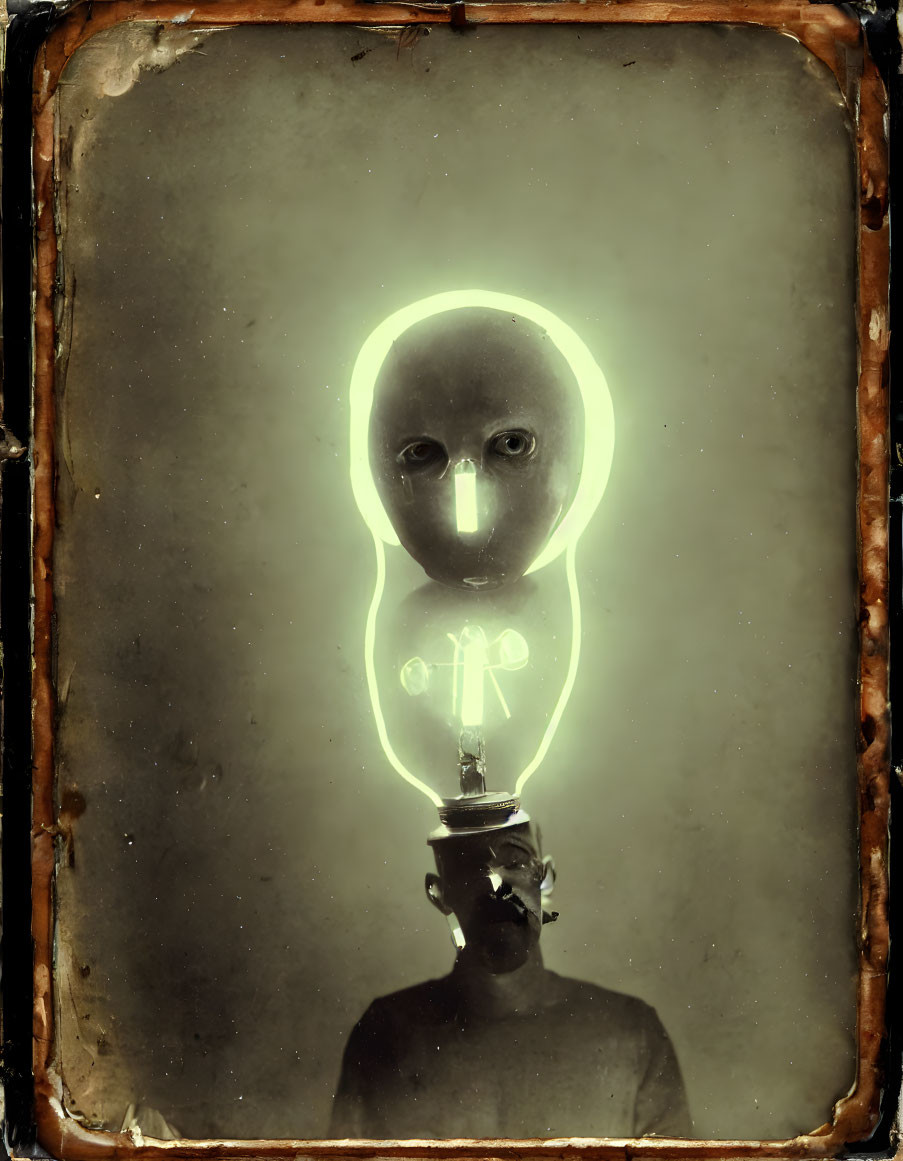 Vintage-style silhouette with lightbulb head in surreal portrait