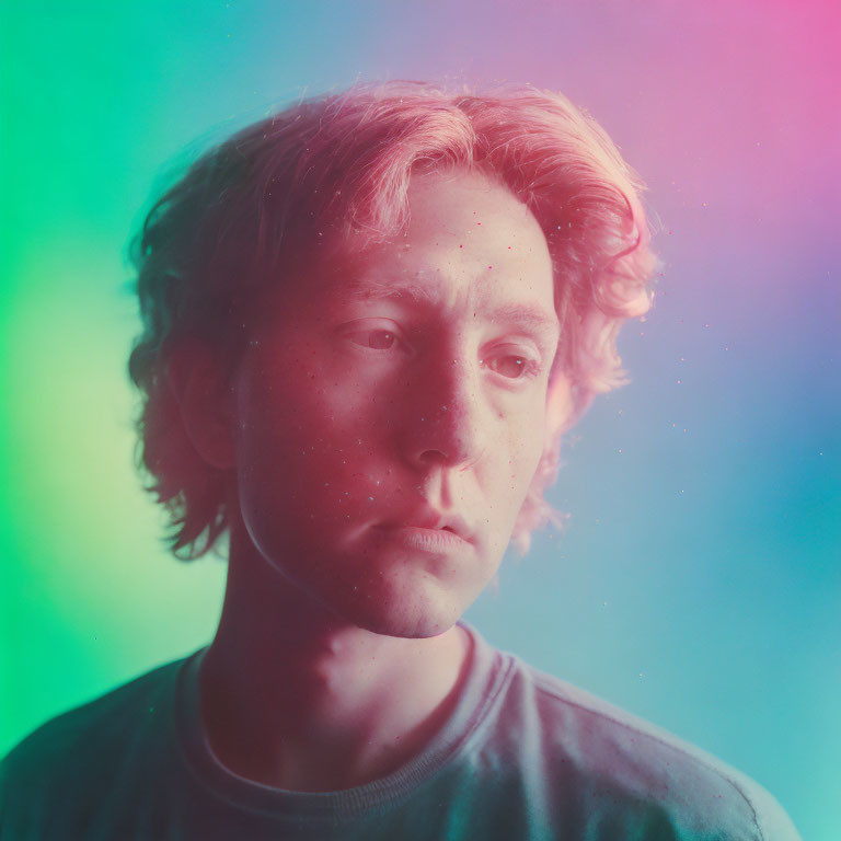 Portrait of a person with thoughtful expression under green and pink lights