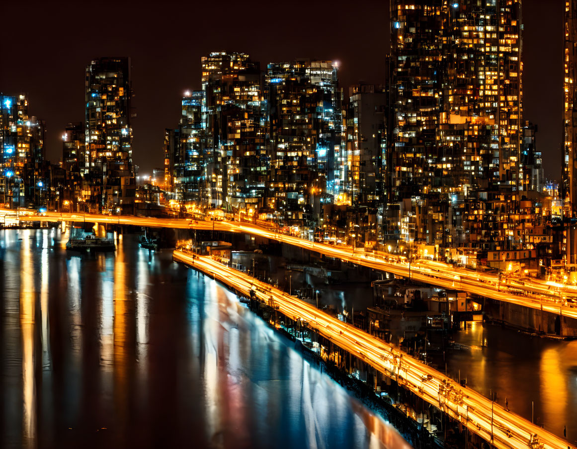 Nighttime cityscape with high-rise buildings, bridge, river reflections, and vibrant street lighting