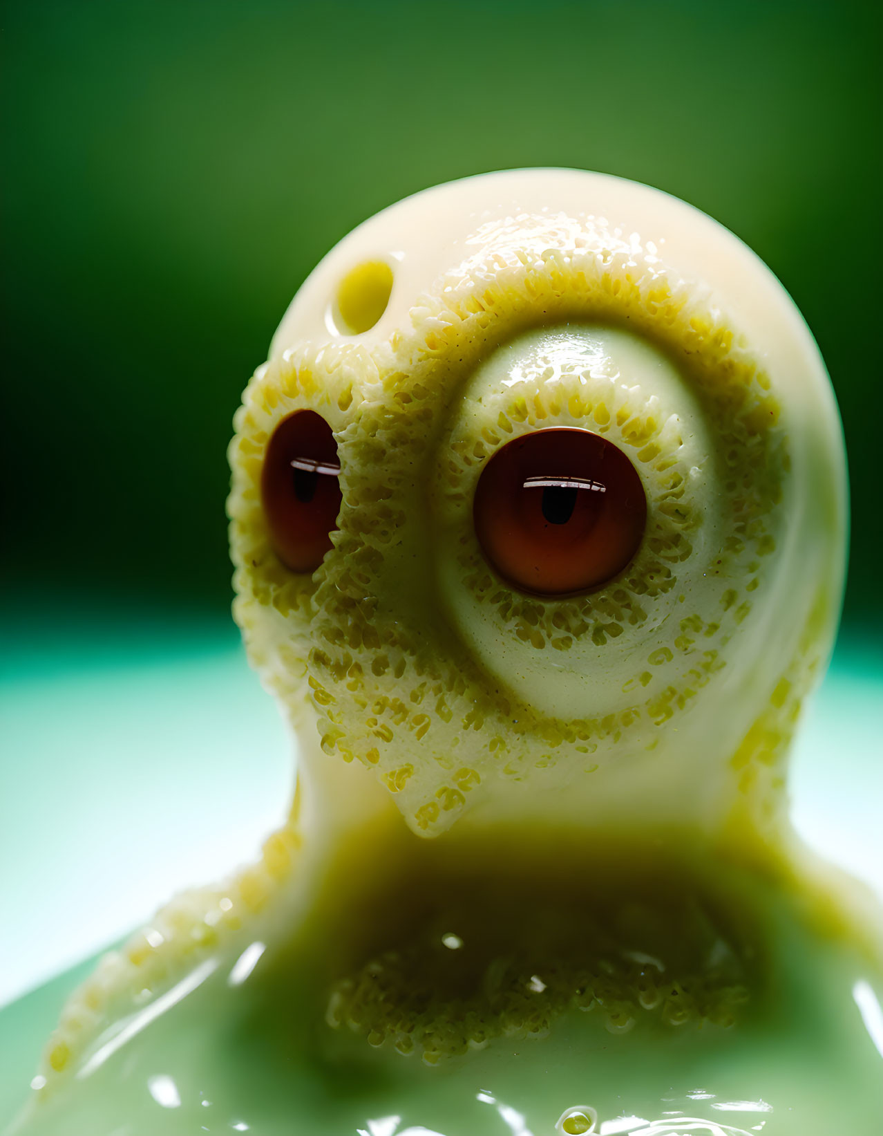 Toy Octopus with Large Brown Eyes on Creamy Body Against Green Background