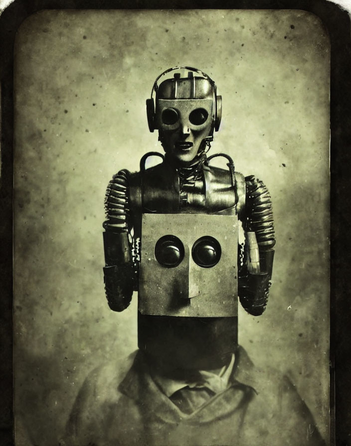 Vintage-Style Humanoid Robot in Suit with Mechanical Head & Torso