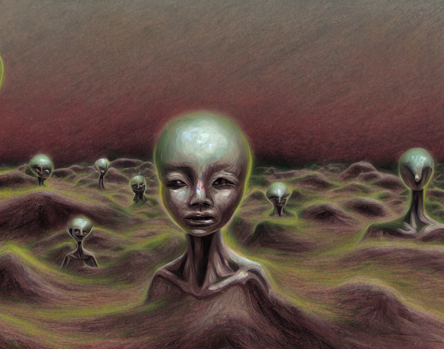 Surreal landscape with oversized alien-like figures in dusky sky