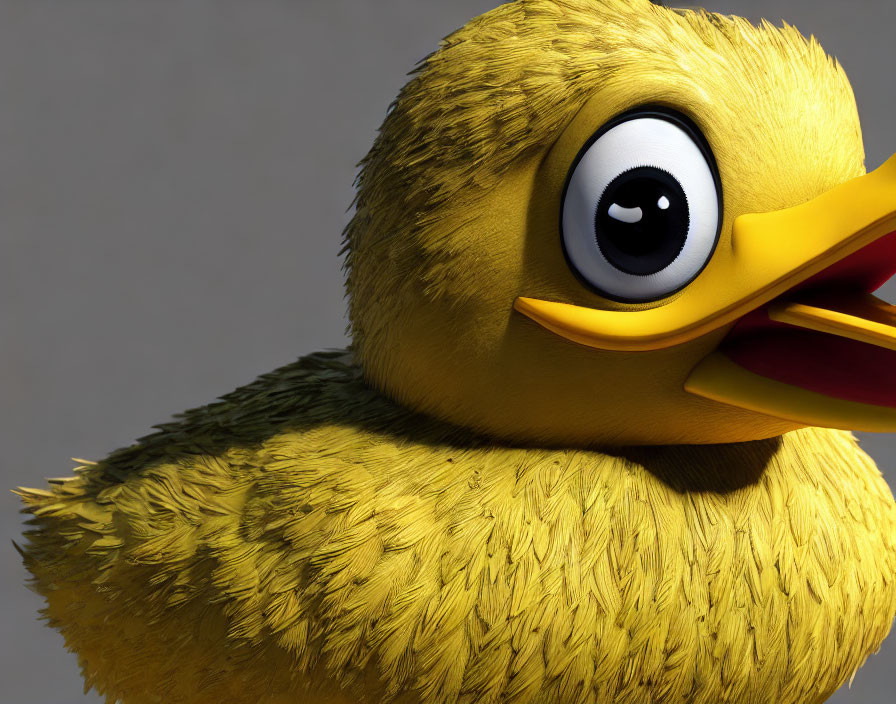 Detailed 3D-rendered yellow duck with feathers, large eye, and vibrant beak