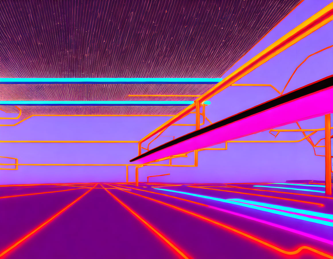 Neon-lit digital artwork with psychedelic colors & star trail ceiling