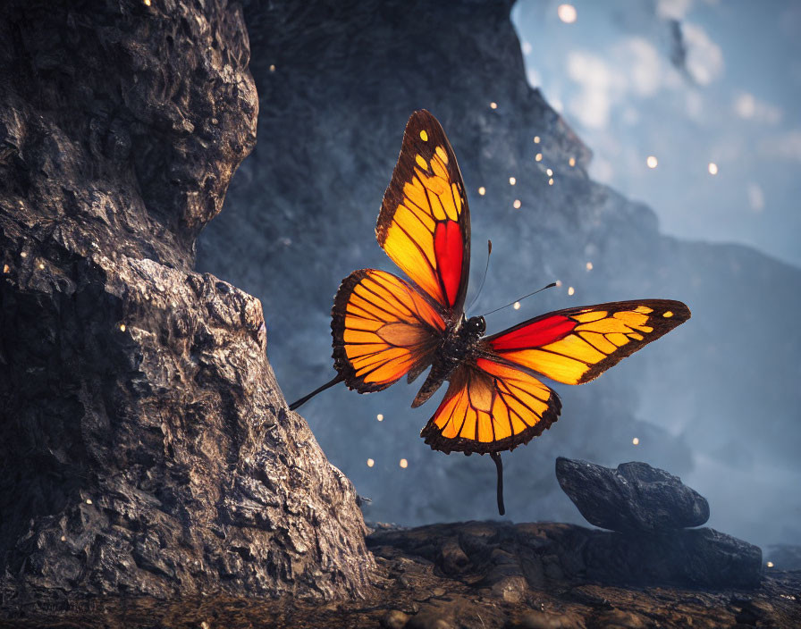 Orange butterfly with black markings on rock against dramatic background.