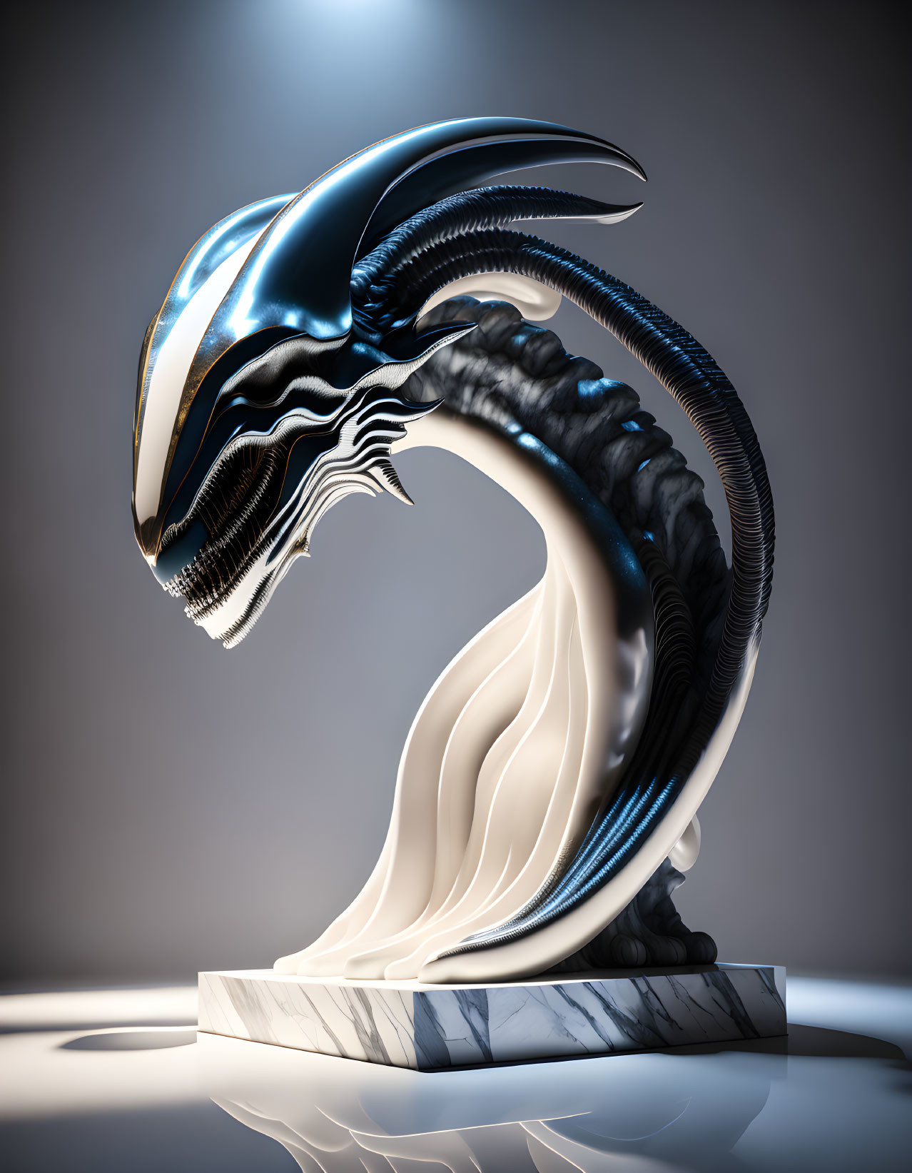 Futuristic alien sculpture with metallic finish on marble base